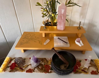 Spiritual Altar Table Hand Made Spiritual Altar Table for Meditation Table Prayer Table Gold Art Deco Flower made with Reclaimed Materials