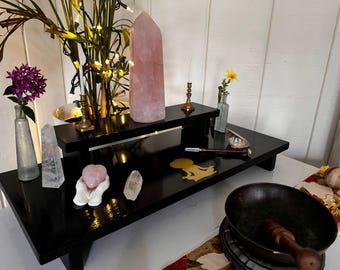 Gift for Witch Sacred Space Altar Table – Hand Made from Reincarnated Wood for Daily Devotion Yoga Woman Afro Altar Made with Love