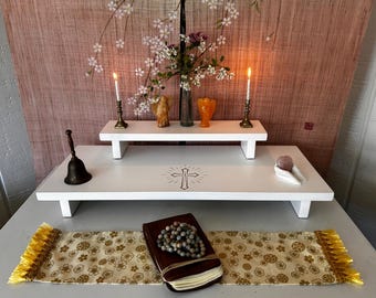 Handmade Reclaimed Wood Prayer Altar Table with Cross Stencil