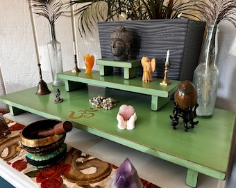 Handmade 3-Tier Altar Table: Reclaimed Wood, Spiritual Meditation Practice-Gold Om Symbol