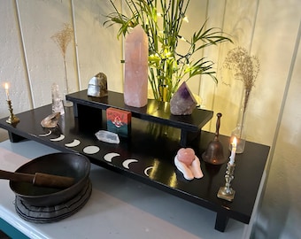 Handmade Two-Tier Altar Table, Reclaimed Wood, Moon Phases