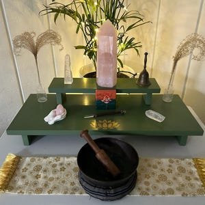 Handmade Altar Table Spiritual Practice Altar Table for Meditation Altar Table Hand Made with Reclaimed Materials Gold Lotus 2 Tier