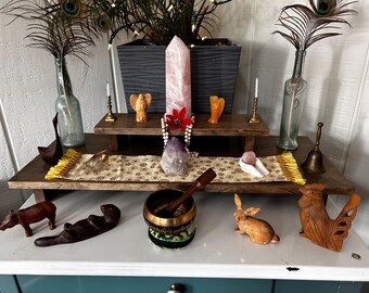 Handmade Reclaimed Dark Stain Wood 2 Tier Altar Table