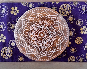 Radiate Bliss Mandala Etched on Peach Selenite Crystal Charging Plate Crystal Cleansing Plate 4" diameter