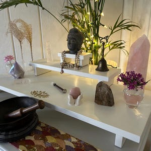Handmade Altar Table Spiritual Practice Altar Table for Meditation Altar Table Hand Made with Reclaimed Materials Gold Lotus Large 3 Tier