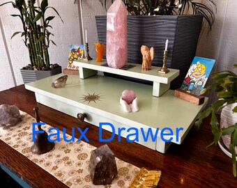 Handmade Reclaimed Wood Altar Table with Gold Sun and Faux Drawer