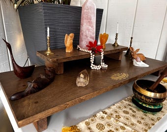 Handmade Reclaimed Dark Stain Wood 2 Tier Altar Table with Stencil