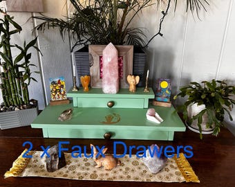 Handmade Reclaimed Wood Altar Table with a Gold Yoga Girl Prayer Hands and 2 x Faux Drawers