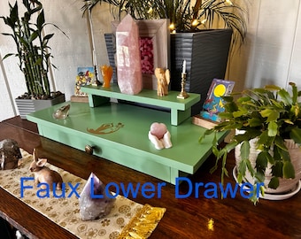 Handmade Reclaimed Wood Altar Table with a Gold Yoga Girl Prayer Hands and Faux Drawer