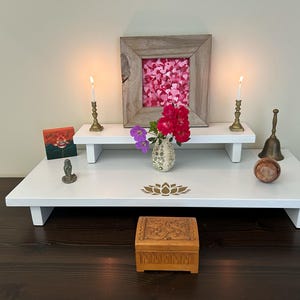 Handmade Goddess Altar Table Spiritual Practice Altar Table for Meditation Altar Table Hand Made with Reclaimed Materials Gold Lotus 2 Tier
