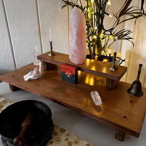 Handmade Altar Table Spiritual Practice Altar Table for Meditation Altar Table Hand Made with Reclaimed Materials Gold Lotus 2 Tier