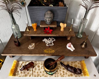 Handmade Reclaimed Dark Stain Wood 3 Tier Altar Table with Stencil
