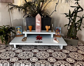 Handmade Reclaimed Wood Altar Table: Grey lotus, 2-Tier Shrine