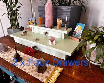 Handmade Reclaimed Wood Altar Table with Sun Symbol and 2 x Faux Drawers