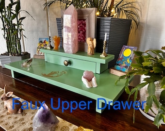 Handmade Reclaimed Wood Altar Table with a Gold Yoga Girl Prayer Hands and Upper Faux Drawer