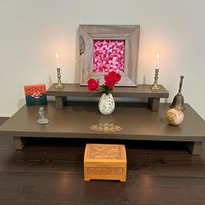 Handmade Altar Table Spiritual Practice Altar Table for Meditation Altar Table Hand Made with Reclaimed Materials Gold Lotus 2 Tier
