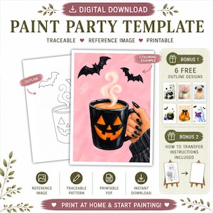 Può includere: Un modello digitale per feste di pittura con una tazza a forma di zucca nera con vapore, due pipistrelli neri e una mano con unghie nere. Include un contorno, un'immagine di riferimento a colori e sei disegni gratuiti in omaggio.