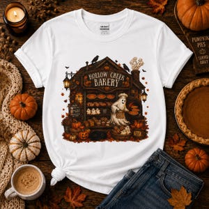 Può includere: Una t-shirt bianca a maniche corte con la grafica di un panificio chiamato Hollow Creek Bakery. L'illustrazione raffigura un fantasma con un cappello da chef che cuoce torte in un negozio rustico circondato da zucche, foglie autunnali e fantasmi.