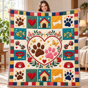 Cat and Puppy Quilt Blanket, Heart and Paw Print Throw, Colorful Gingham Patchwork Style, Pet Mom Birthday Gift, Cozy Home Decor