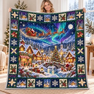 Santa Sleigh Quilt Blanket, Christmas Village and Northern Lights Throw, Snowy Winter Patchwork Bedding, Cozy Holiday Decor, Gift for Family