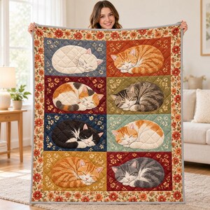 Cat Lover Quilt Blanket, Sleeping Kittens Patchwork Throw, Autumn Bedding, Cozy Fall Home Decor, Gift for Cat Moms and Pet Lovers Gift
