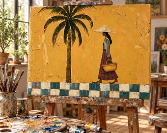 Cuban Woman with Basket Oil Painting, Tropical Folk Art, Minimalist Island Wall Decor
