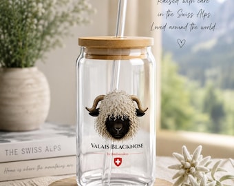 Valais Blacknose Sheep Sipper Glass | 16 oz Can Glass | Swiss Sheep Gift | Cute Farmhouse Drinking Glass | Alpine Cottage Decor