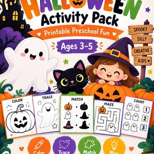 Può includere: Un pacchetto di attività di Halloween per bambini dai 3 ai 5 anni con un fantasma, un gatto nero e un bambino con un cappello da strega seduto in una zucca. La copertina include testi come Printable Preschool Fun, Color, Trace, Match, Maze, Count.