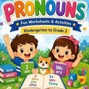 Puede incluir: Una colorida portada de libro educativo titulada PRONOUNS Fun Worksheets & Activities Kindergarten to Grade 2. Muestra a un niño y una niña dibujados con un gato, libros con las etiquetas I am, We are, e I, You, He, She, It, We, They, y bloques A, B, C.