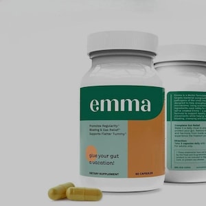 May include: A white plastic bottle of Emma dietary supplement capsules with a green and orange label. The label features the text 'emma', 'Promotes Regularity', 'Bloating & Gas Relief', 'Supports Flatter Tummy', 'give your gut a vacation!', and '60 CAPSULES'. Two yellow capsules lie in front.