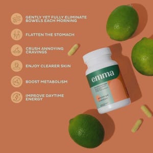 May include: A white plastic bottle of Emma dietary supplement capsules with a green and orange label, surrounded by three whole green limes and several loose yellow capsules on a solid terracotta background with text listing health benefits.