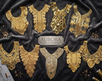 Luxury Gold Neck Embroidery Lace Appliqués (Aurora Series)
