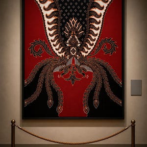 May include: A framed rectangular textile art piece featuring a deep red and black batik pattern. The design displays symmetrical, intricate floral and avian motifs with a central stylized structure, all enclosed within a thin black frame.