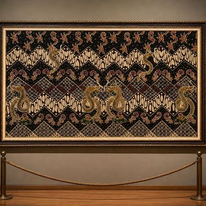 Könnte beinhalten: Ein gerahmter, rechteckiger Wandbehang aus Textil mit dunkel schwarzem Hintergrund und sich wiederholenden Zickzackmustern in Weiß, Braun und Gold. Das Design enthält komplexe florale Motive und mehrere goldene Drachenfiguren, die horizontal angeordnet sind.