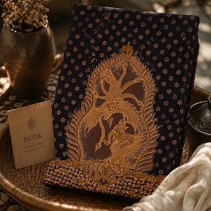 Op de afbeelding: Een gevouwen donkerblauwe katoenen stof met een goudkleurige batikprint met een centraal motief van een mythische vogel en kleine sterpatronen. Een klein rechthoekig kaartje bevat de tekst BATIK 100% COTTON PREMIUM QUALITY.
