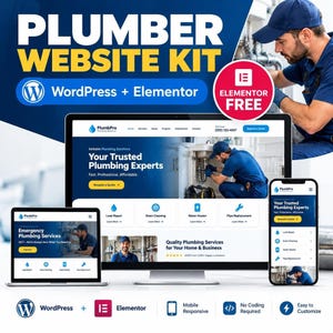 May include: A digital marketing kit for a plumber website featuring WordPress and Elementor. The display shows a desktop monitor, a laptop, and a smartphone, all showcasing a blue and white website design for PlumbPro Plumbing Services.