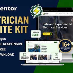 May include: A digital marketing graphic for an Elementor Electrician Website Kit by Zapex. It displays a desktop monitor, laptop, and smartphone showing website layouts with text including 16+ Inner Pages, 100% Mobile Responsive, and Instant Download.