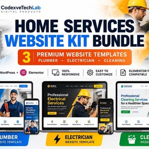 May include: A digital marketing graphic for a home services website kit bundle featuring three premium website templates for plumbers, electricians, and cleaning services. The layout displays desktop and mobile previews for each service, including WordPress and Elementor compatibility icons.