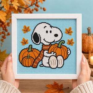 Höst Snoopy korsstygnsmönster, pumpakorsstygn PDF, höststygnsmönster, söt Halloweendekor, omedelbar digital nedladdning