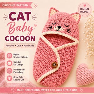 Può includere: Un bozzolo per neonati all'uncinetto rosa con un muso di gatto, orecchie a punta, occhi chiusi e un naso piccolo con baffi. Il bozzolo ha un bordo color crema e un bottone marrone. Il testo include CAT Baby COCOON e Digital Product.