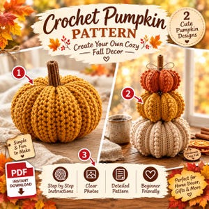 Può includere: Un modello digitale in PDF per realizzare zucche all'uncinetto con due design. Un'immagine mostra una grande zucca giallo senape con un picciolo marrone. Un'altra mostra una pila di tre zucche color arancione, giallo e crema.