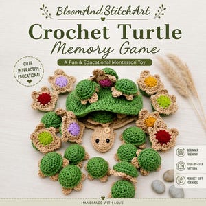 May include: A crochet turtle memory game set featuring a large tan turtle with a green shell pouch containing multiple small green turtles and several tan-coloured flower-shaped pieces with colourful centres in red, yellow, purple, and lime green.