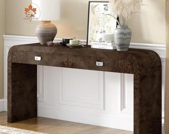 Mesa consola de madera de raíz de 60" con 2 cajones, mesa de entrada moderna de madera