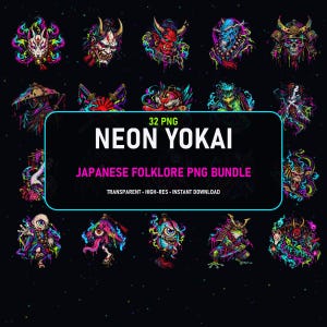 Pacchetto di 32 PNG di folklore giapponese al neon, clipart di Yokai Oni Samurai, design streetwear cyberpunk