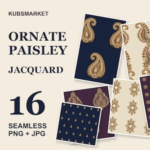 Ornate Paisley Seamless Patterns, 16 Navy Gold Jacquard Digital Papers in PNG and JPG