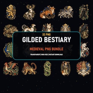 Op de afbeelding: Een digitale collectie van 32 PNG-afbeeldingen getiteld Gilded Bestiary Medieval PNG Bundle, met diverse dieren waaronder een leeuw, hert, vos, wolf, beer, zwijn, hond, kat, uil, raaf, pauw, eenhoorn, draak en slang met gedetailleerde gouden accenten.