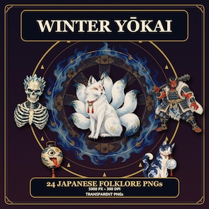 Peut inclure: Une collection numérique intitulée WINTER YŌKAI comprenant 24 fichiers PNG de folklore japonais en 5000 px et 300 DPI. L'image présente un renard blanc à neuf queues, un squelette, un guerrier oni rouge, une lanterne à un œil et un chat.