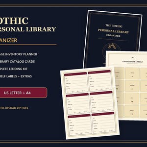 Op de afbeelding: Een Gothic Personal Library Organizer set met een inventarisplanner van 16 pagina's, 36 bibliotheekcataloguskaarten, een uitleenset en 36 planklabels. De set bevat US Letter- en A4-formaten, geleverd als vijf kant-en-klare ZIP-bestanden.