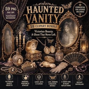 Haunted Victorian Vanity Clipart Bundle | Ornate Gold Objects, Ghost Girl PNG