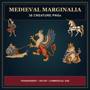 Medieval Marginalia Creatures PNG Bundle, 36 Transparent Bestiary Clipart Designs